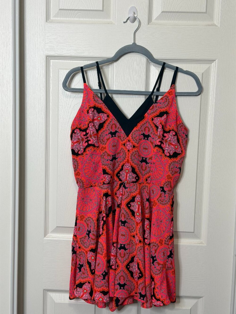 Gianni Bini Neon Orange/Navy Patterned Romper- Women's Medium